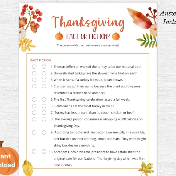 Thanksgiving Fact or Fiction Printable, Fact of Fiction Game, Thanksgiving Printable Game, Thanksgiving Game, Thanksgiving Party Game, PDF