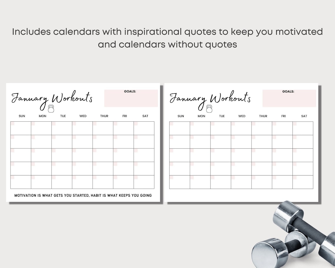 Printable Monthly Workout Calendar, Undated, Fitness Tracker, Workout Schedule, Fitness Log ...