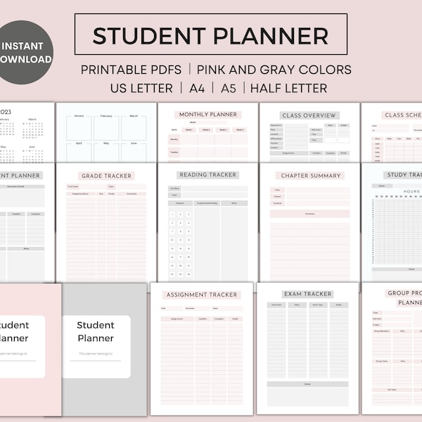 Student Planner Printable, Academic Planner, Class Schedule, 2023 Calendar, Assignment Tracker, Grade Tracker, Study Tracker, Group Projects
