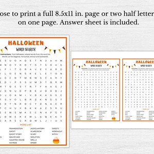 May include: A printable Halloween word search puzzle with a list of Halloween-themed words such as "bats", "candy corn", "costume", and "graveyard". The puzzle is designed with orange and black colours and features a cute candy corn graphic.