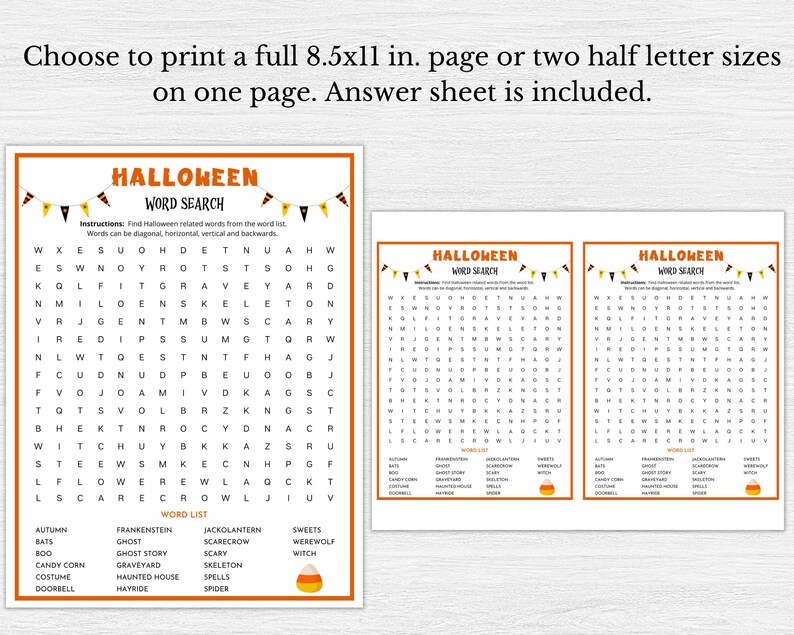 May include: A printable Halloween word search puzzle with a list of Halloween-themed words such as "bats", "candy corn", "costume", and "graveyard". The puzzle is designed with orange and black colours and features a cute candy corn graphic.
