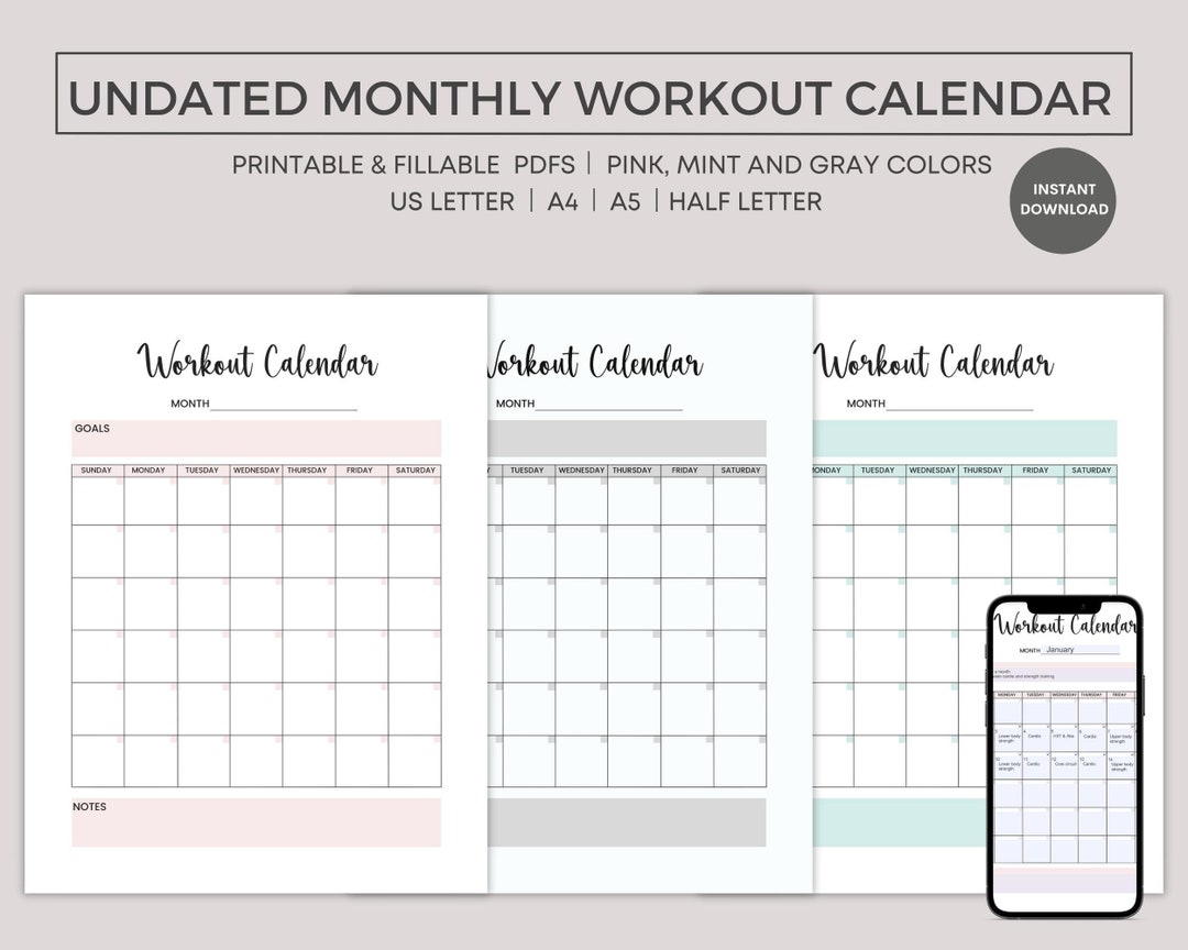 Workout Calendar Undated Printable, Fitness Calendar, Fillable PDF