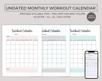 Workout Calendar Undated Printable, Fitness Calendar, Fillable PDF, Workout Schedule