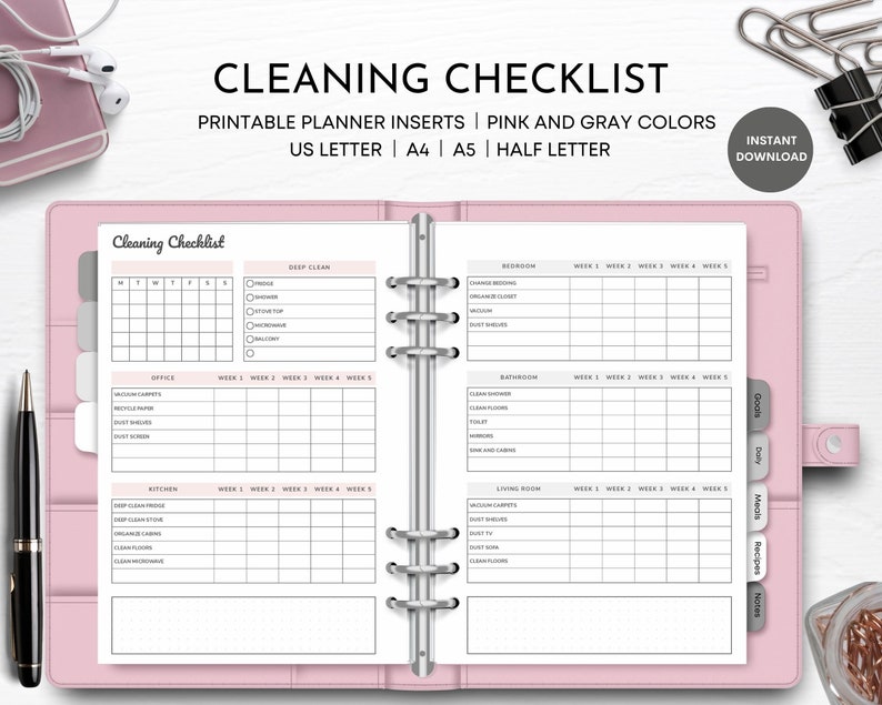 Cleaning Checklist Printable, Cleaning List, Cleaning Schedule, Weekly Cleaning, Planner Inserts, US Letter, Half Letter, A4, A5, Pdf image 1
