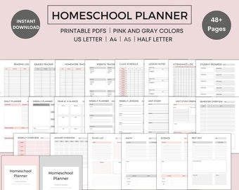 May include: A printable homeschool planner with 48+ pages in pink and gray colors. The planner includes pages for reading logs, grades, homework, website tracking, class schedules, lesson notes, attendance, student progress, daily and weekly planning, year at a glance, unit study, semester overview, weekly overview, January overview, to-do lists, math, science, and rest days.