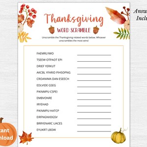 Thanksgiving Word Scramble Printable, Word Scramble Game, Thanksgiving Printable Game, Thanksgiving Game, Thanksgiving Party Game, PDF