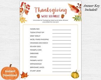 Thanksgiving Word Scramble Printable, Word Scramble Game, Thanksgiving Printable Game, Thanksgiving Game, Thanksgiving Party Game, PDF