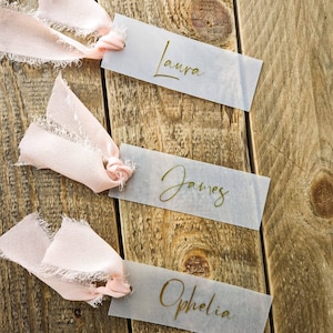 Vellum Wedding Place Names With Raw Hem Ribbon | Name Tags | Table Names | Guest Names | Table Decor | Wedding Decor