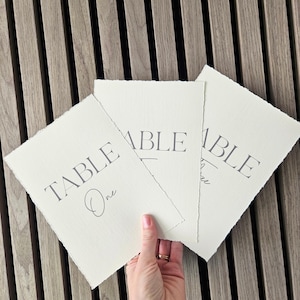 May include: Three off-white paper table cards with the word "TABLE" printed in gray. The card in the front has "One" printed below "TABLE". The cards have a deckled edge. The cards are held by a person.