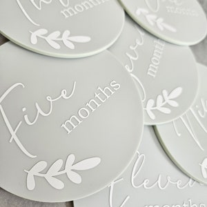 May include: A set of ten gray baby milestone discs with white text and a leafy design. The discs feature the numbers one through ten with the word "months" written below each number.