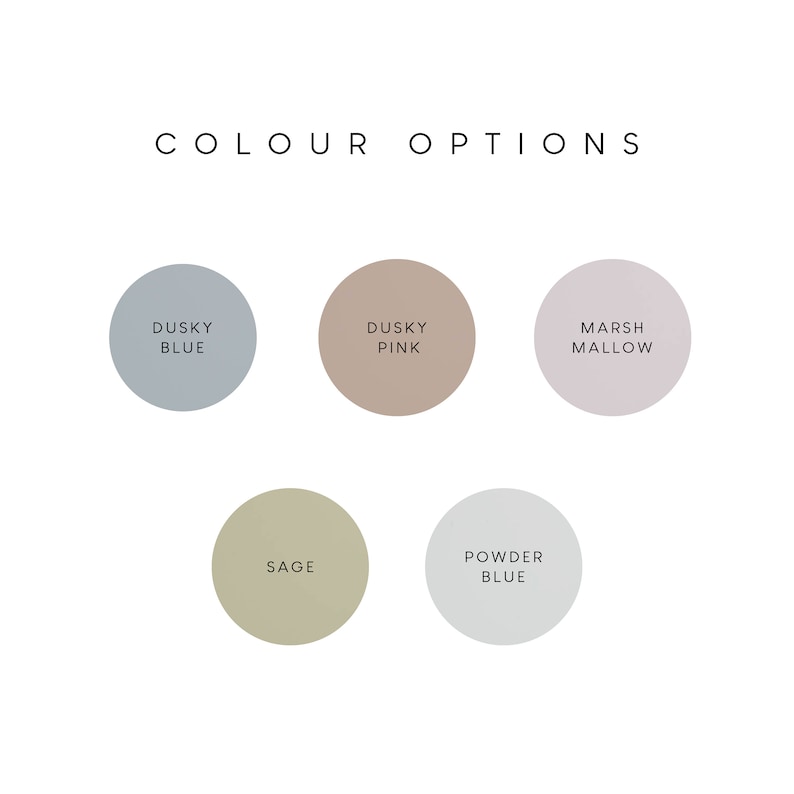 May include: Five color swatches labeled "Dusky Blue", "Dusky Pink", "Marsh Mallow", "Sage", and "Powder Blue".
