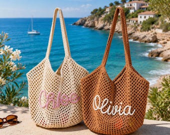 Personalized Crochet Beach Tote Bag for Her, Custom Name Beach Bags, Bridesmaid Gift Bags, Handmade Vacation Handbag for Her