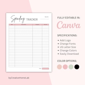 Canva Printable Spending Tracker, Expense Tracker Printable, Expense Tracker, Business Expense Log Printable, Financial Planner Template