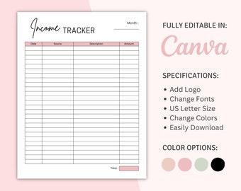 Rastreador de ingresos imprimible de Canva, planificador de finanzas personales, registro de seguimiento de ventas, rastreador de presupuesto simple, rastreador de ventas comerciales, descripción general del presupuesto