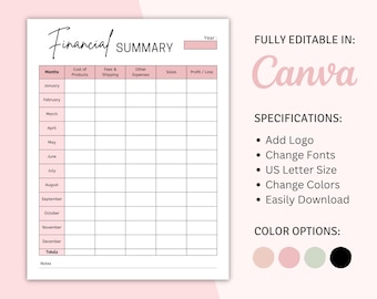 Resumen financiero imprimible de Canva, planificador de presupuesto de registro de ganancias, seguimiento de ventas comerciales, plantilla de planificador financiero, hoja de reflexión financiera