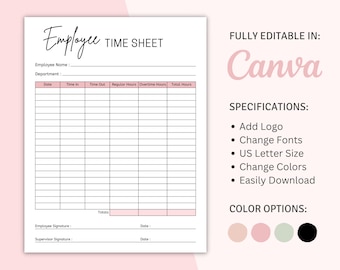 Hoja de horas de empleados imprimible en Canva, horario de trabajo de empleados, gráfico de trabajo diario, registro de horas de trabajo, programación de empleados, seguimiento de registro de trabajo