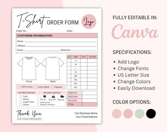 Plantilla de formulario de pedido de camisetas de Canva, formulario de pedido de camisetas editable, formulario de pedido para pequeñas empresas, formulario de pedido de ventas imprimible, formulario de pedido de servicios