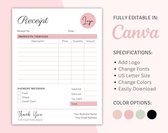 Canva Printable Receipt, Small Business Digital Receipt, Editable Sales Receipt, Minimalist Business Form Template, Instant Download