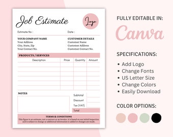 Presupuesto de trabajo imprimible de Canva, plantilla empresarial editable, propuesta de trabajo imprimible, formulario de presupuesto de trabajo, plantilla de propuesta de trabajo, descarga instantánea