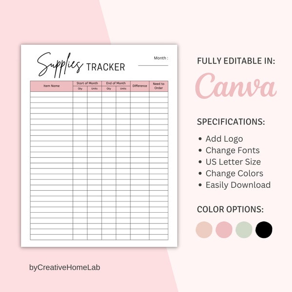 Canva Printable Supplies Tracker, Editable Supplies Log, Supply Order Form, Inventory Management, Supply Tracking, Digital Download