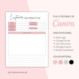 Informazioni stampabili per i clienti Canva, pianificatore del servizio di pulizia, foglio di pianificazione del pulitore, scheda informativa per il cliente, modello del servizio di pulizia