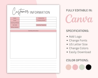 Canva Printable Customer Information, Cleaning Service Planner, Cleaner Planner Sheet, Client Information Sheet, Cleaning Service Template