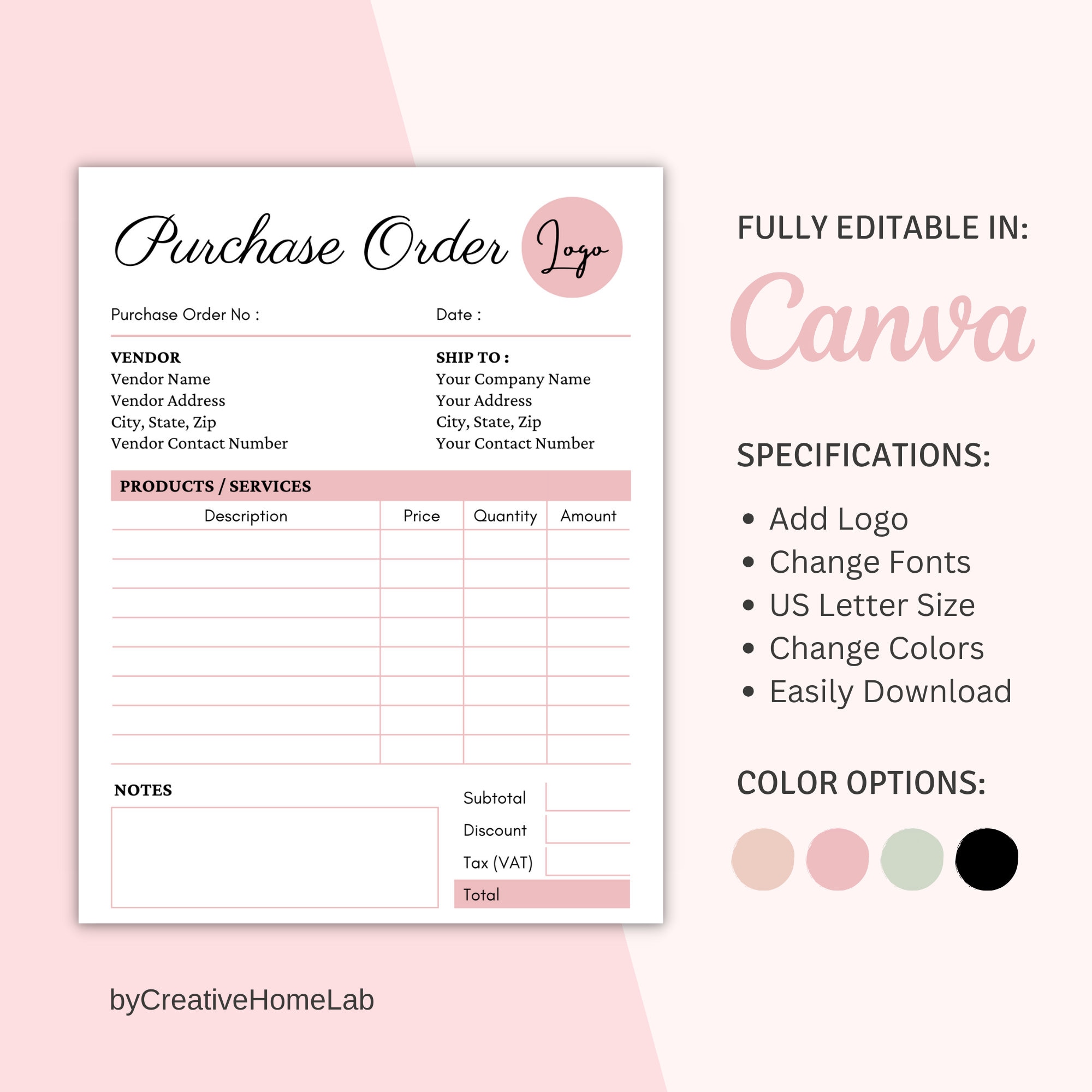 Canva Printable Purchase Order Form, Editable Business Template, Sale Order Form, Instant Digital Download, Purchase Order Template