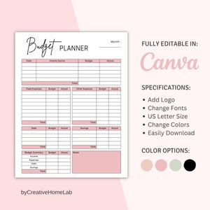 Canva Printable Budget Planner, Finance Planner Template, Monthly Budget, Expense Tracker, Paycheck Budget Printable, Budget Template