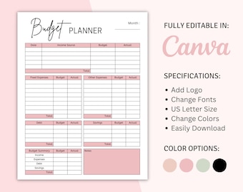 Planificador de presupuesto imprimible de Canva, plantilla de planificador financiero, presupuesto mensual, seguimiento de gastos, presupuesto de cheque de pago imprimible, plantilla de presupuesto