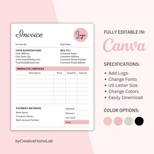 Canva Printable Invoice, Editable Invoice Template, Customer Invoice Form, Small Business Template, Digital Download Form, Instant Download