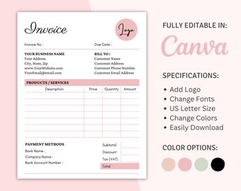 Canva Printable Invoice, Editable Invoice Template, Customer Invoice Form, Small Business Template, Digital Download Form, Instant Download