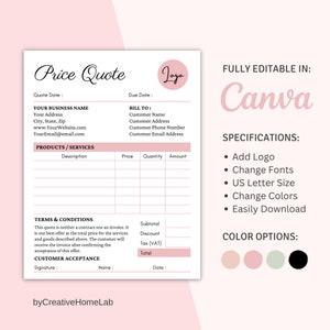 Canva Printable Price Quote, Small Business Form, Price Quote Template, Customer Price Quote, Editable Price Quote Form, Instant Download