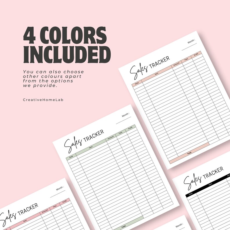 Puede incluir: Cuatro plantillas de seguimiento de ventas imprimibles en diferentes colores: negro, verde, rosa y melocot&oacute;n. Cada plantilla tiene columnas para la fecha, el art&iacute;culo, el importe, las tarifas y el beneficio. El texto "Sales Tracker" est&aacute; escrito en cursiva en la parte superior de cada plantilla.