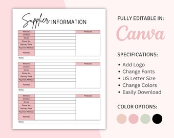 Información de proveedores imprimible en Canva, comparación de proveedores, seguimiento de suministros para empresas de manualidades, hoja de comparación de proveedores, información para las partes interesadas