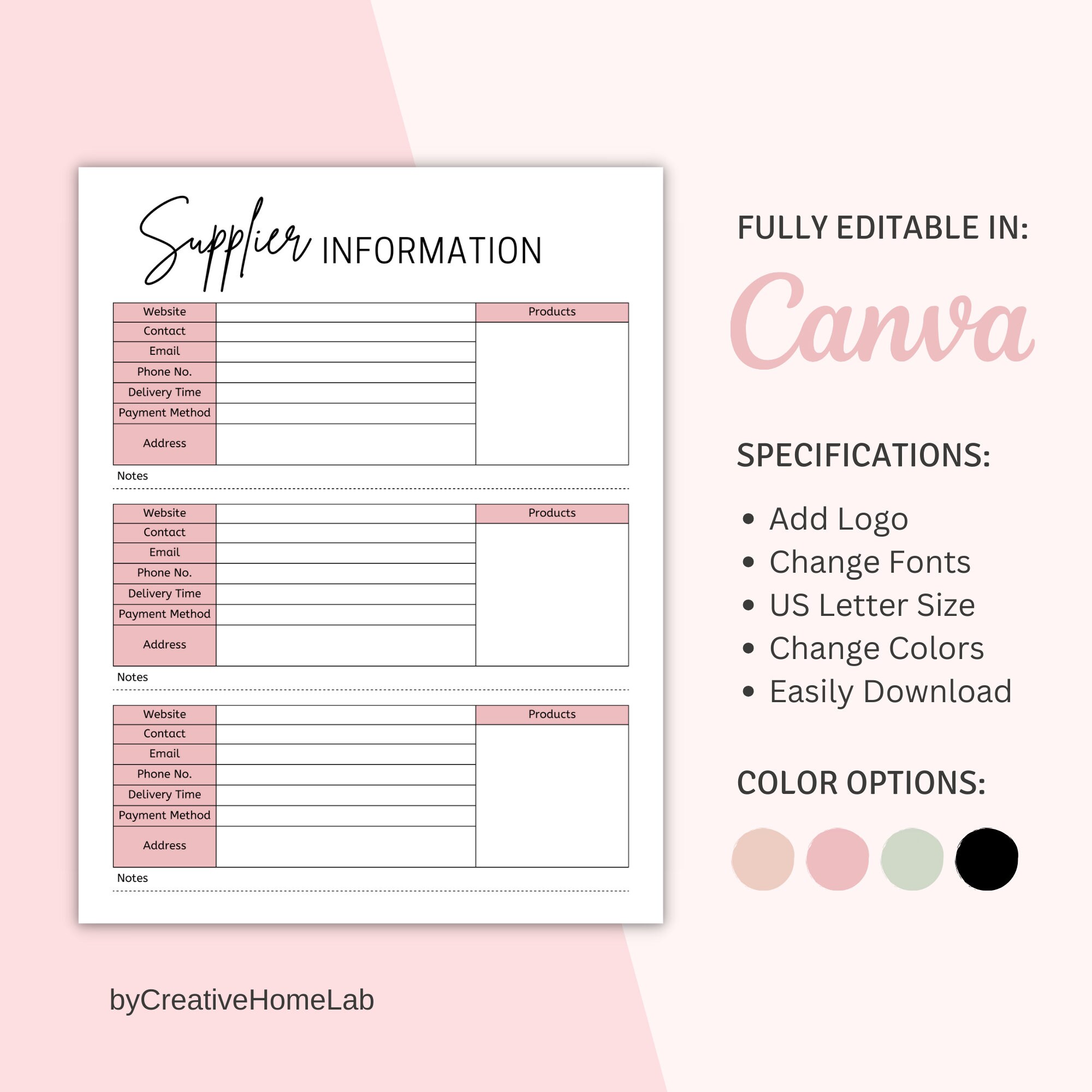 Canva Printable Supplier Information, Supplier Comparison, Craft ...