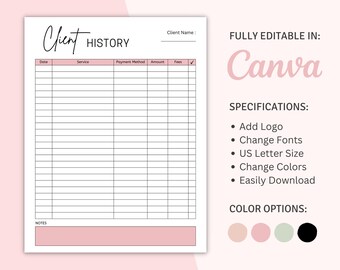 Historial de clientes imprimible en Canva, hoja de información de clientes, plantilla editable de historial de clientes comerciales, hoja de seguimiento de información de clientes