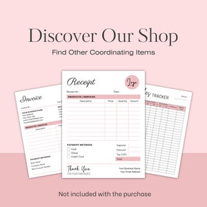 Puede incluir: Un conjunto de tres documentos imprimibles: una factura, un recibo y un rastreador de ventas. Los documentos est&aacute;n dise&ntilde;ados en un estilo minimalista con acentos rosados. Los documentos incluyen secciones para informaci&oacute;n comercial, productos o servicios, m&eacute;todos de pago y totales.