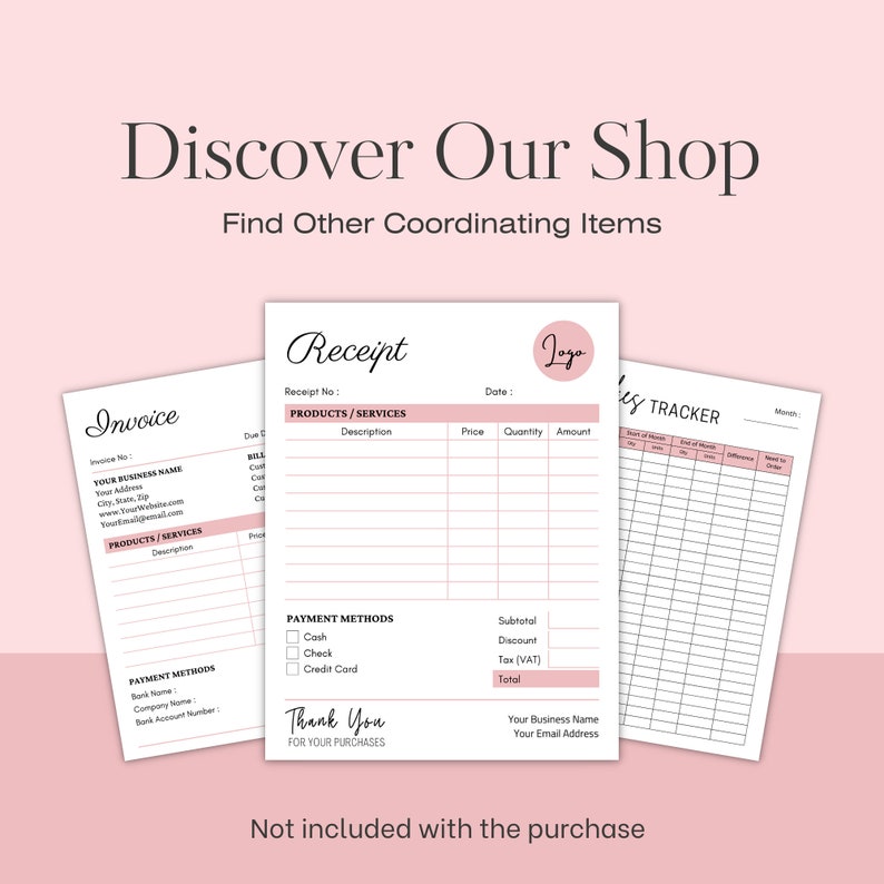 Puede incluir: Un conjunto de tres documentos imprimibles: una factura, un recibo y un rastreador de ventas. Los documentos est&aacute;n dise&ntilde;ados en un estilo minimalista con acentos rosados. Los documentos incluyen secciones para informaci&oacute;n comercial, productos o servicios, m&eacute;todos de pago y totales.