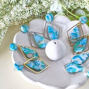 Boho Turquoise & White Teardrop Dangle Earrings | Polymer Clay | Diamond Teardrop | Blue, White, Gold, Silver | Small Lightweight Geometric
