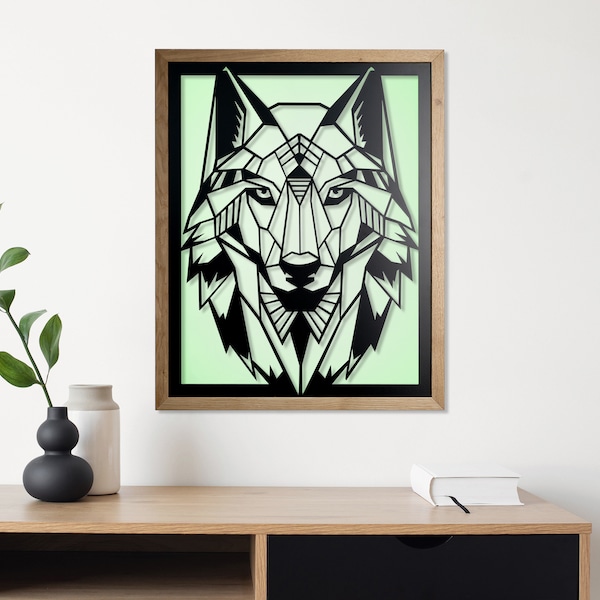 Wolf, LED polygonale Metall-Wanddekoration, Light up Polygon wall Art, Wohndeko, Innendekoration, Eichen Rahmen, LED-Beleuchtung