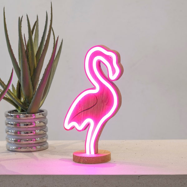 LED Tischlampe Flamingo - Neonlampe aus Vollholz