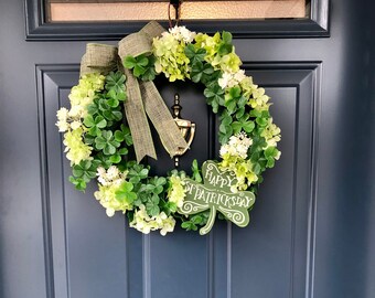 St. Patrick's Day Clover Wreath: Green Hydrangea, Moss Ribbon Bow