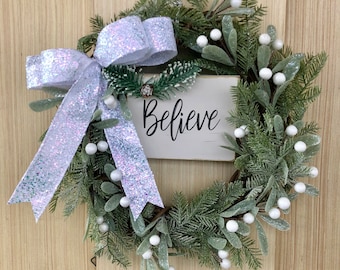 Custom Sign Winter Holiday Frosted Cedar with Mistletoe White Berry Ribbon Bow Grapevine Wreath FairViewWreaths