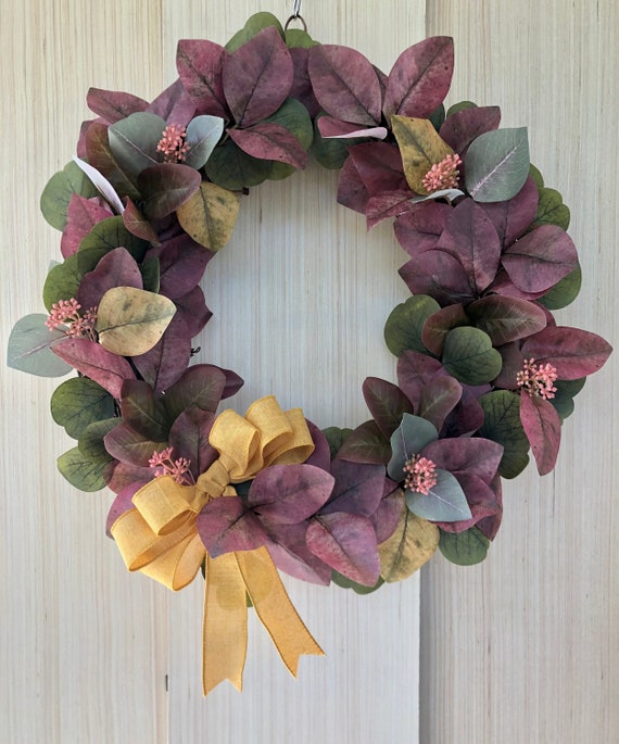 Fall Color Eucalyptus With Sedum Ribbon Bow Grapevine Wreath - Etsy