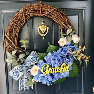Custom Grateful Blue Hydrangea Ribbon Bow Grapevine Wreath FairViewWreaths