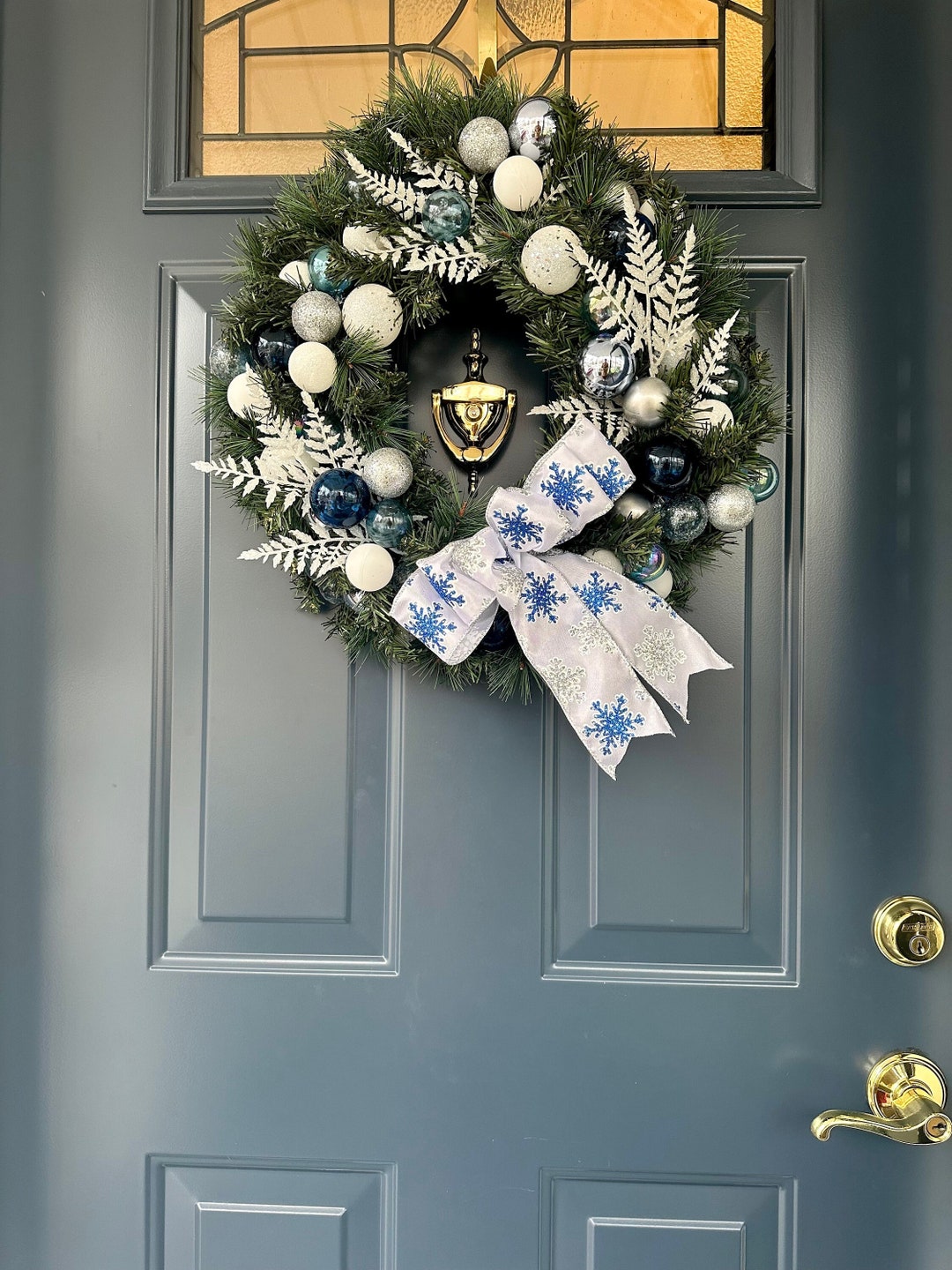 Blue & Silver Winter Wreath: Glitter Ferns, Snowflake Ribbon - Etsy