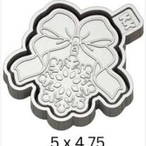 May include: A silver-toned cookie cutter shaped like a snowflake tied with a bow, featuring the letters KK on a small tab. The dimensions 5 x 4.75 inches are printed below the object, indicating its size for baking and crafting purposes.