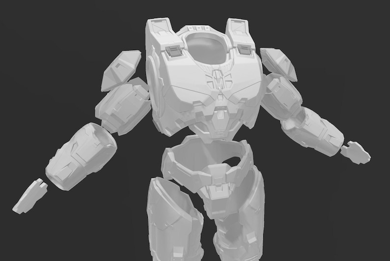 May include: A white plastic model of a futuristic suit of armor, disassembled into multiple pieces. The armor is designed with a variety of panels and details, including a chest piece, shoulder pads, and leg guards.