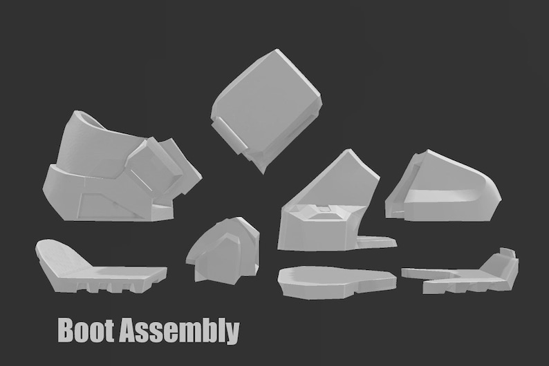 May include: A set of nine gray plastic pieces that can be assembled into a boot. The pieces are labeled "Boot Assembly".