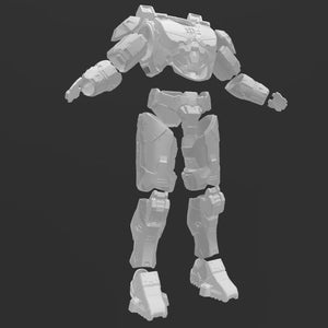 May include: A white plastic model of a robot suit, disassembled into separate pieces. The suit is made up of a torso, arms, legs, and feet.